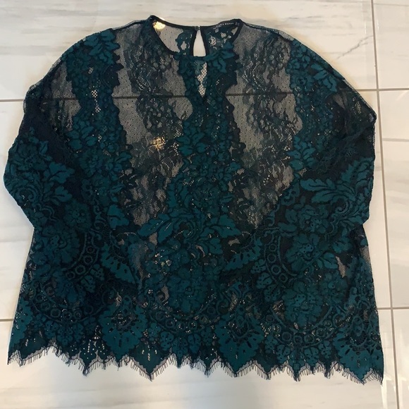 3/$25 ‼️ Zara Guipure Green & Black Lace Blouse Long Sleeve Top - Picture 1 of 4
